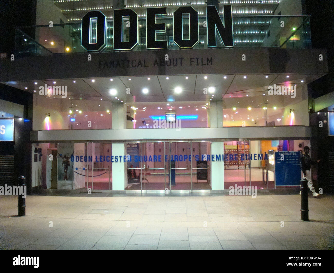 The front of the ODEON CINEMA, LEICESTER SQUARE, LONDON at street level, pictured at night    Seen in September 2009, screening 'Surrogates' Stock Photo