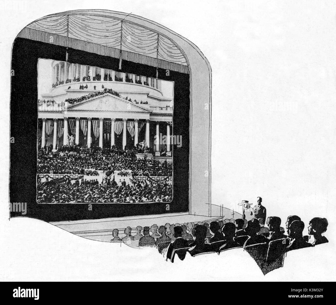 A drawing of a cinema audience watching a film with an inset illustration from an unidentified spectacle film Stock Photo