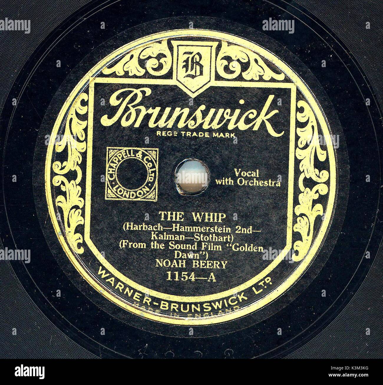 Gramophone record of the song The Whip sung by NOAH BEERY , from the film GOLDEN DAWN Stock Photo