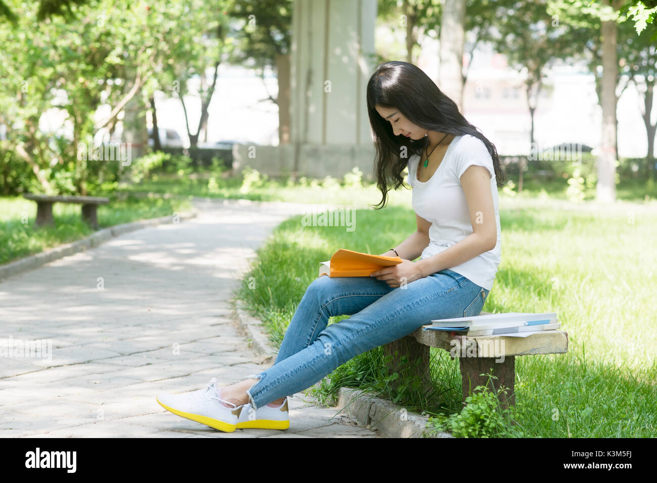 girl student holds a book to read. On the park bench. Stock Photo