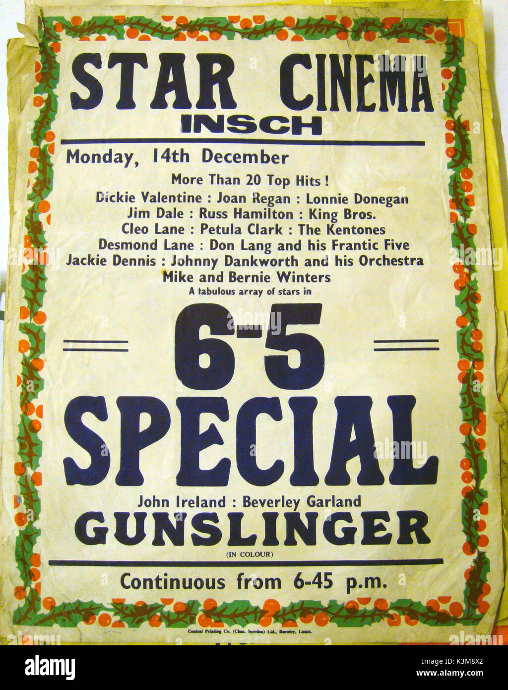 A poster for weekly screenings in the Public Hall, Insch , a village in Aberdeenshire in 1959. These had restarted in 1958 after the closing of the Glen Cinema shows there which had been a weekly event since c1939. These restarted shows were run by Aberdeen based projectionist Ronald Grant who ran what eventually became a 3 hall rural cinema crcuit under the Suburban Cinemas name.     Date: Stock Photo
