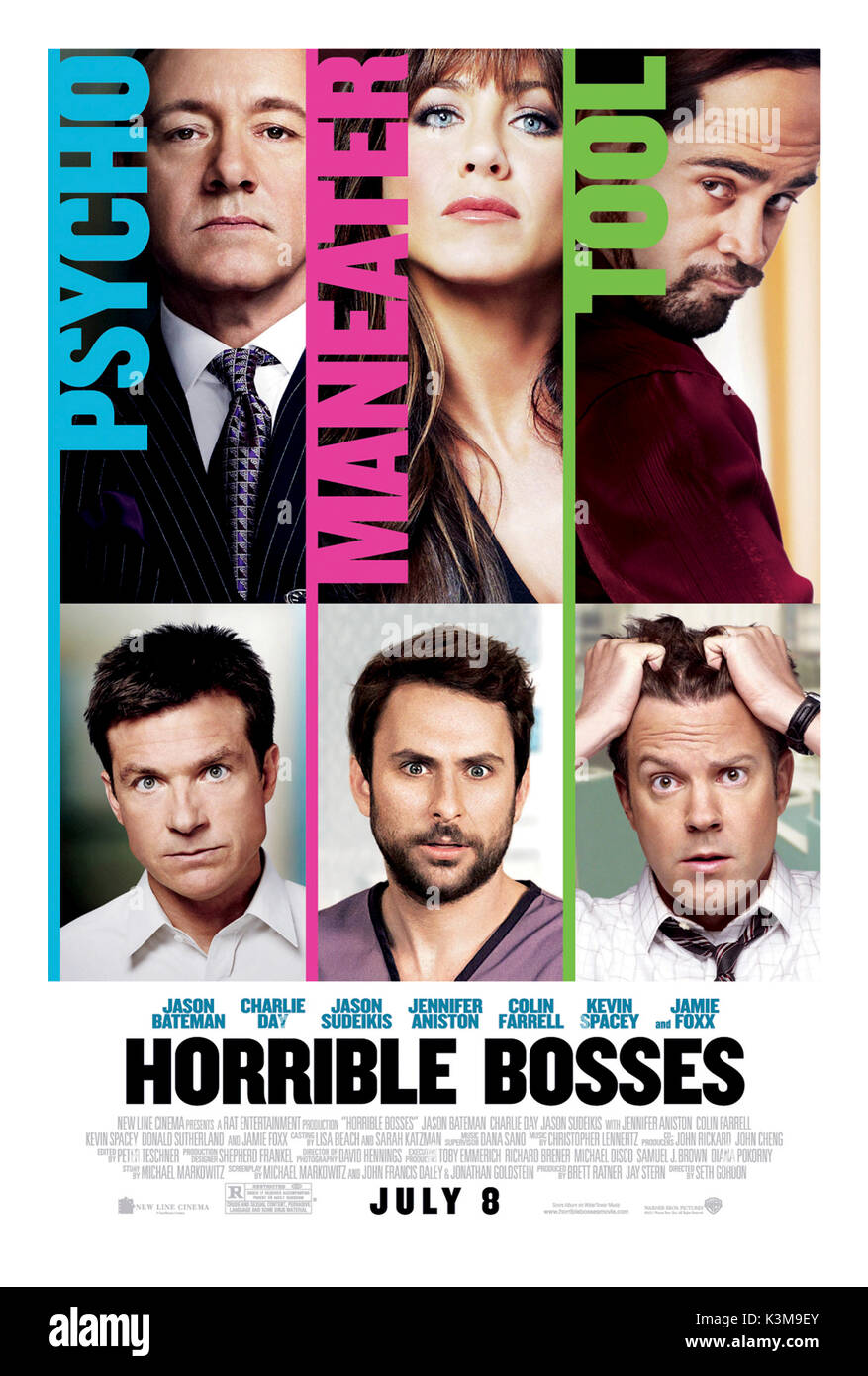 HORRIBLE BOSSES KEVIN SPACEY, JENNIFER ANISTON, COLIN FARRELL, JASON BATEMAN, CHARLIE DAY, JASON SUDEIKIS HORRIBLE BOSSES [US 2011] KEVIN SPACEY, JENNIFER ANISTON, COLIN FARRELL, [L-R bottom] JASON BATEMAN, CHARLIE DAY, JASON SUDEIKIS      Date: 2011 Stock Photo