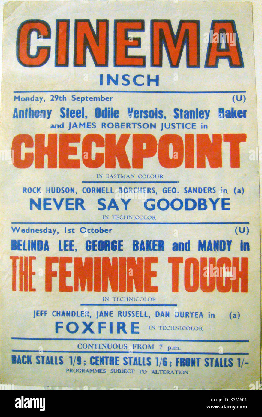 British films have prominence as the main features here with CHECKPOINT supported by the American film A poster for twice weekly screenings in 1958 at the Public Hall, Insch , a village in Aberdeenshire. September of that year marked the re-opening of regular screenings after the closing of the Glen Cinema shows there which had been a weekly event since c1939. These restarted shows were run by Aberdeen based projectionist Ronald Grant who ran what eventually became a 3 hall rural cinema crcuit under the Suburban Cinemas name.     Date: Stock Photo