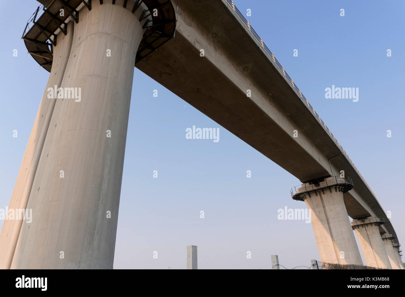Concrete Road Viaduct Or Bridge Architecture. Bottom View. Stock Photo