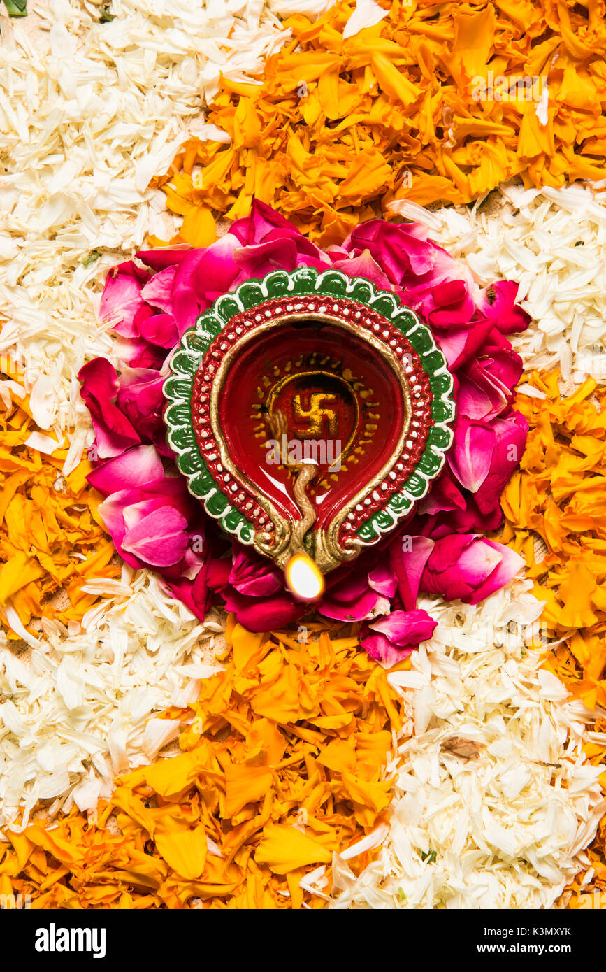 Flower Rangoli For Diwali Or Pongal Or Onam Made Using Marigold Or