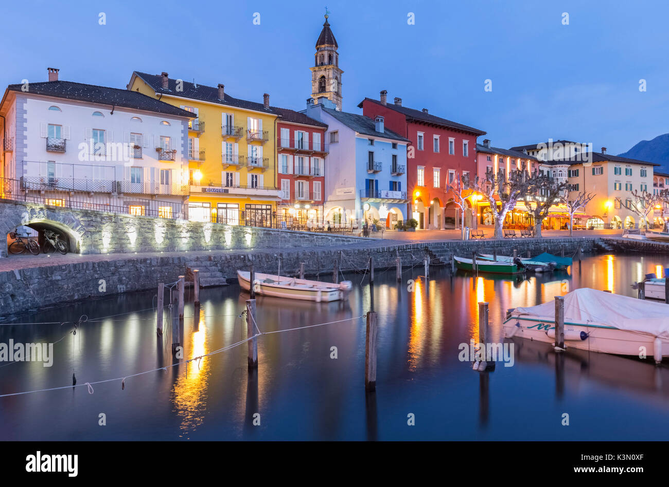 Blu hour at Ascona port, Lago Maggiore, Canton Ticino, Switzerland. Stock Photo