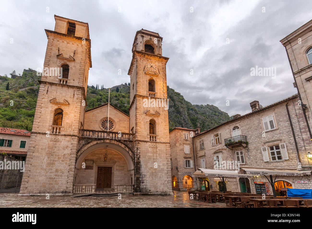 Cathedral of St. Tryphon, view of the exterior facade, Kotor old city, Montenegro Stock Photo