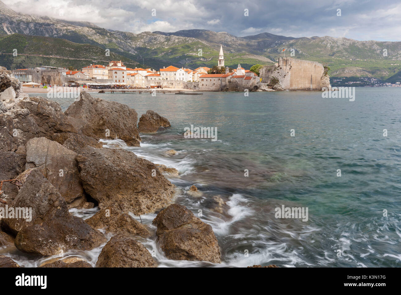 Europe, Balkans, Montenegro. View of Budva old town from the cliffs Stock Photo