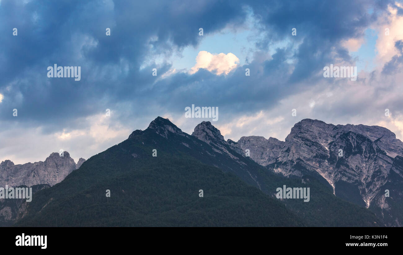 Italy, Veneto, Belluno, Dolomites. View of Monti del Sole and Piz de Mezodi as seen from Agordo Stock Photo