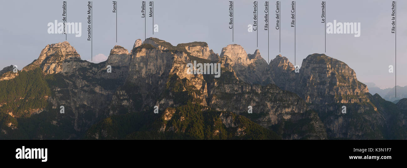 Belluno, Veneto, Italy, Dolomiti Bellunesi National Park. The south east side of the Monti del Sole as seen from Mount Peron at sunrise with the names of the peaks Stock Photo