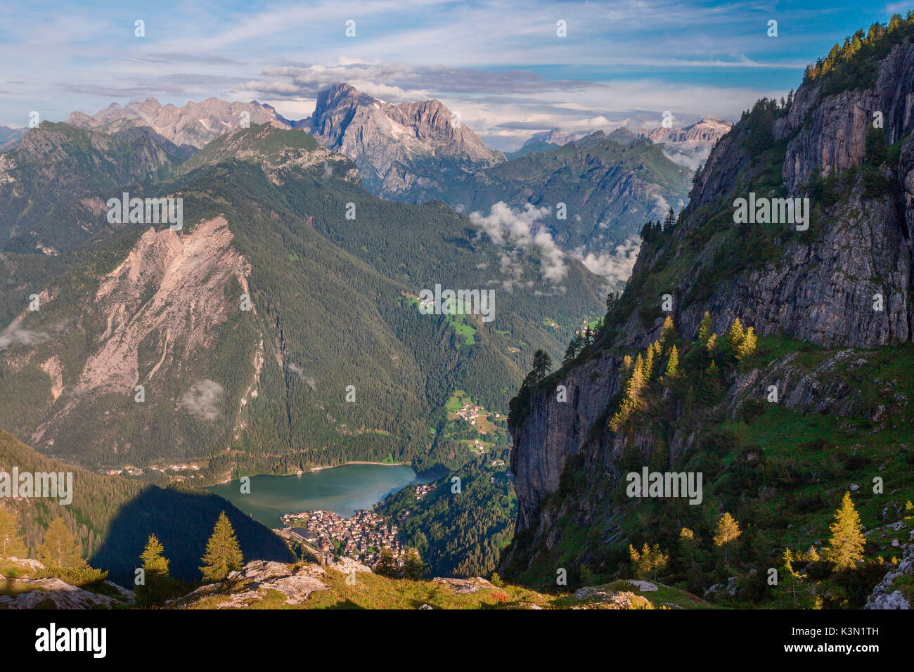 View on Alleghe seen from Coldai, Dolomiti, Civetta Group. Europe, Italy, Veneto, Belluno Stock Photo