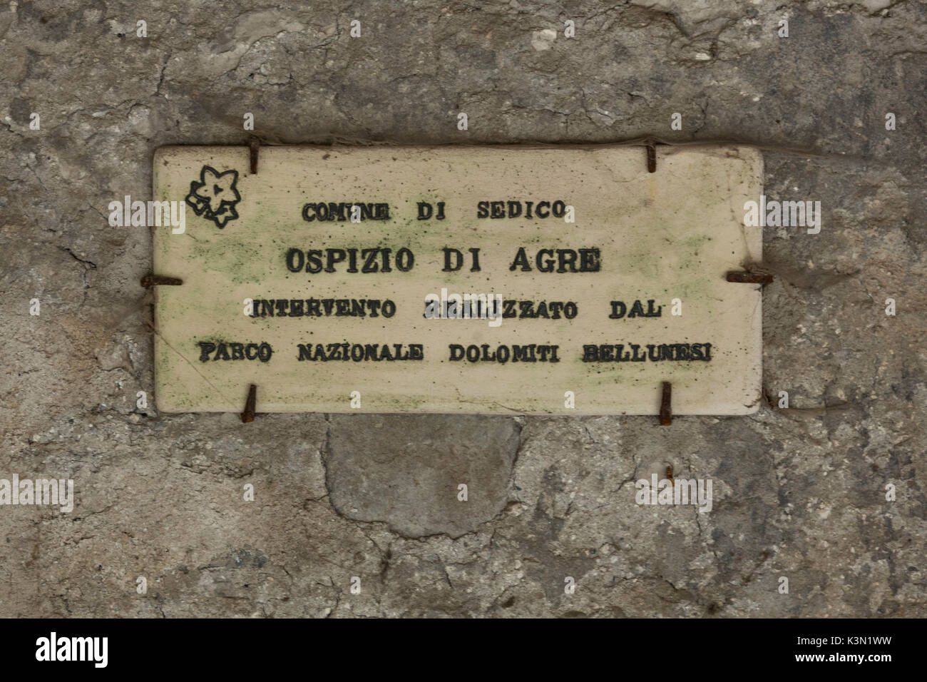 Hospice of Agre, marble plaque, Monti del Sole, Dolomiti Bellunesi National Park, Belluno, Veneto, Italy Stock Photo