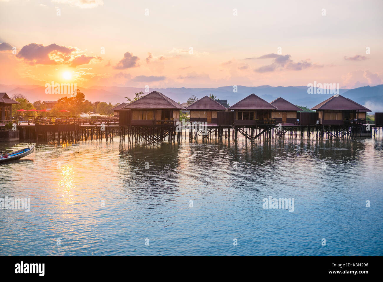 Inle lake, Nyaungshwe township, Taunggyi district, Myanmar (Burma).  Shwe Inn Tha floating resort's bungalows. Stock Photo