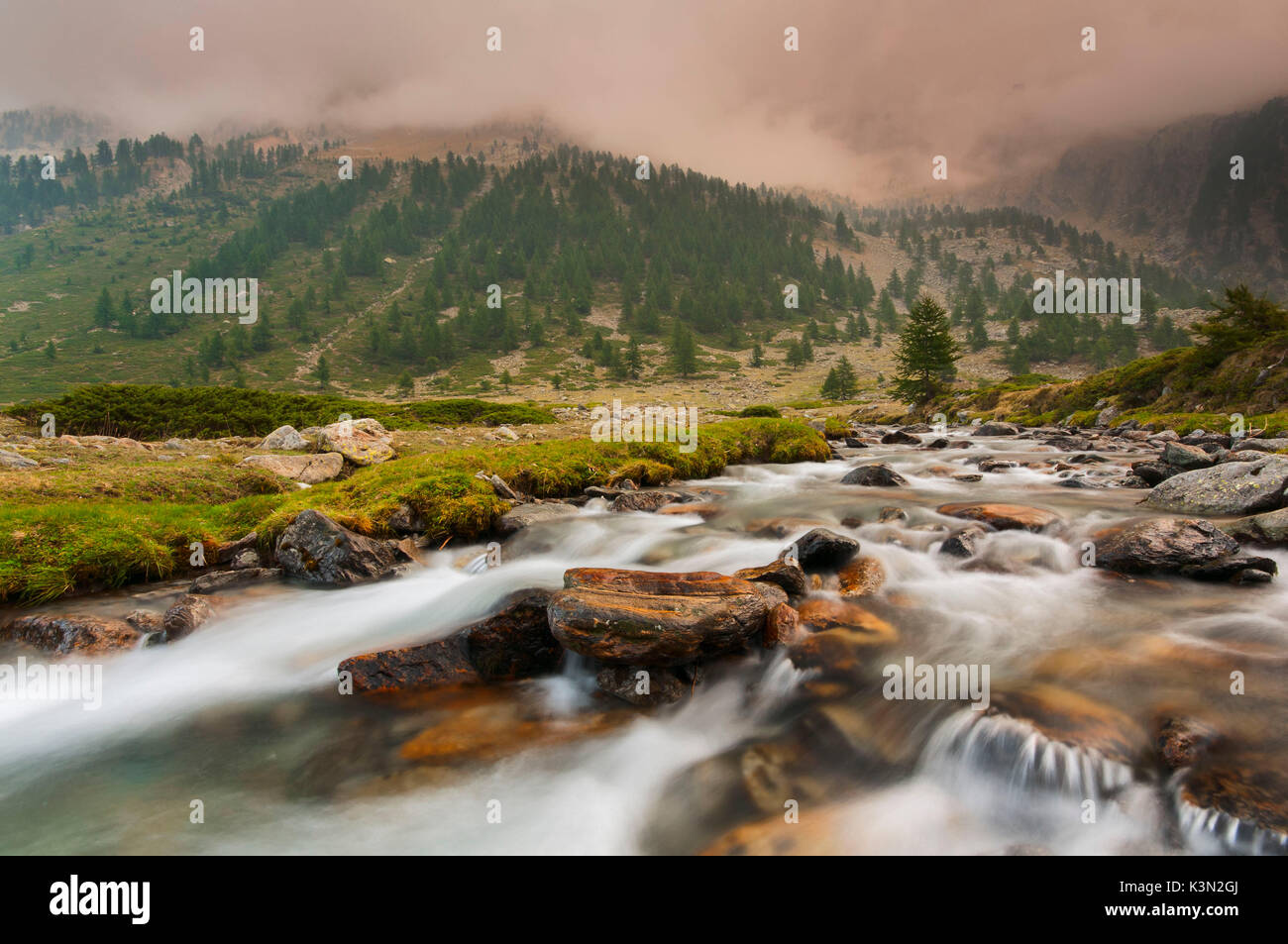 Italy, Piedmont, Cuneo District, Gesso Valley, Alpi Marittime Natural Park, Gesso torrent on a cloudy day Stock Photo