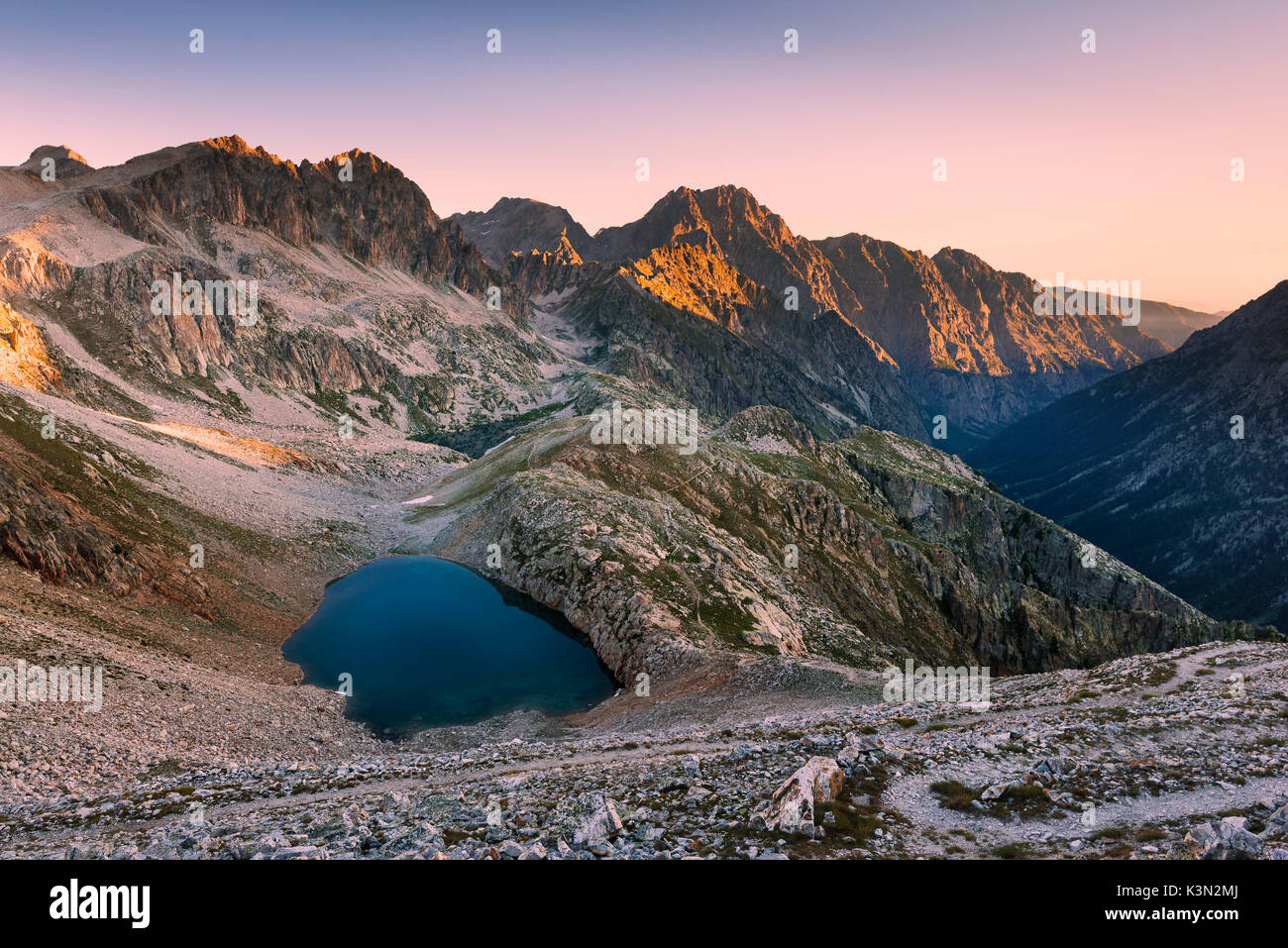 Italy, Piedmont, Cuneo District, Gesso Valley, Alpi Marittime Natural Park, the Fremamorta Lakes at dawn Stock Photo