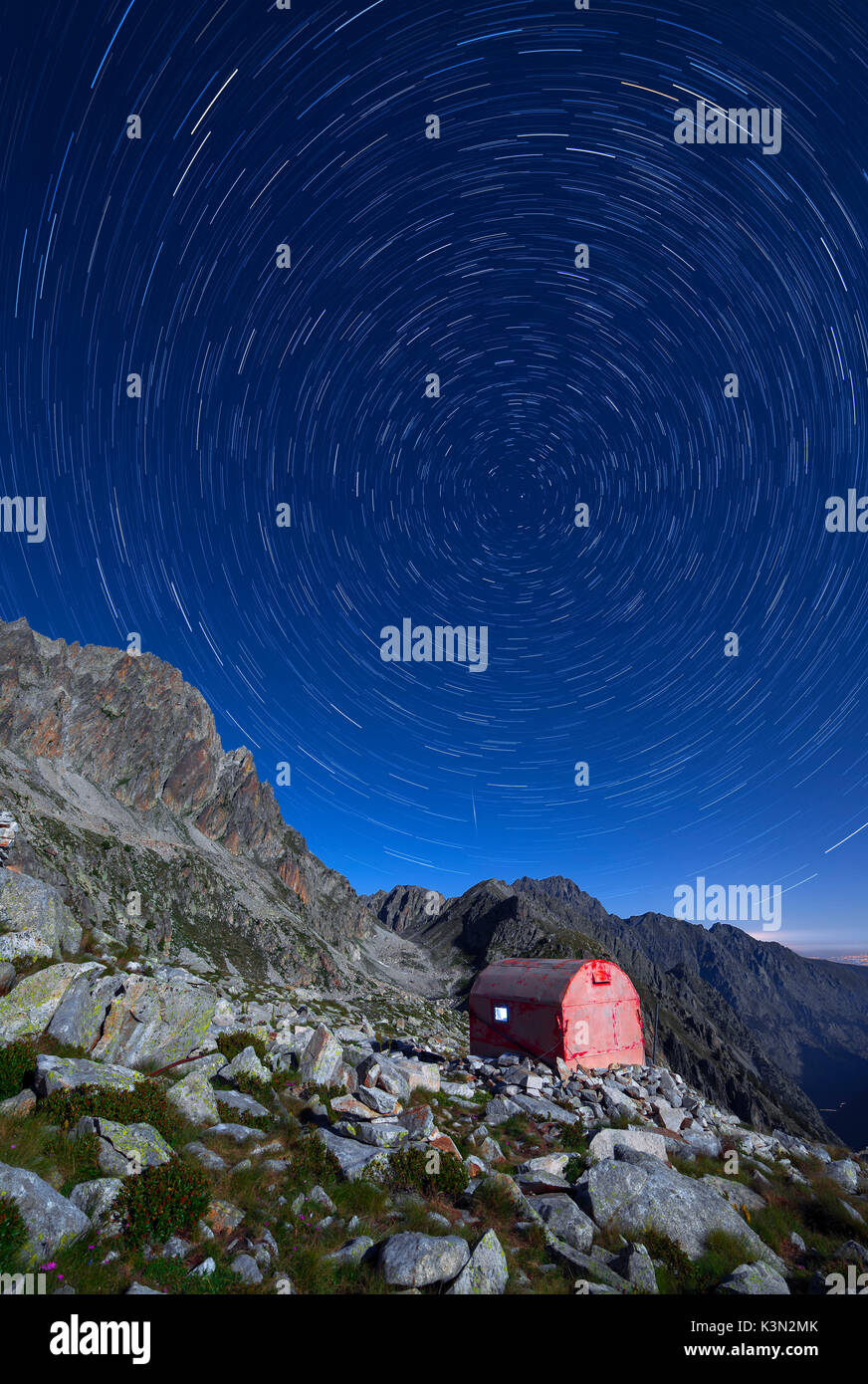Italy, Piedmont, Cuneo District, Gesso Valley, Alpi Marittime Natural Park, Startrail over the bivouac Guiglia Stock Photo