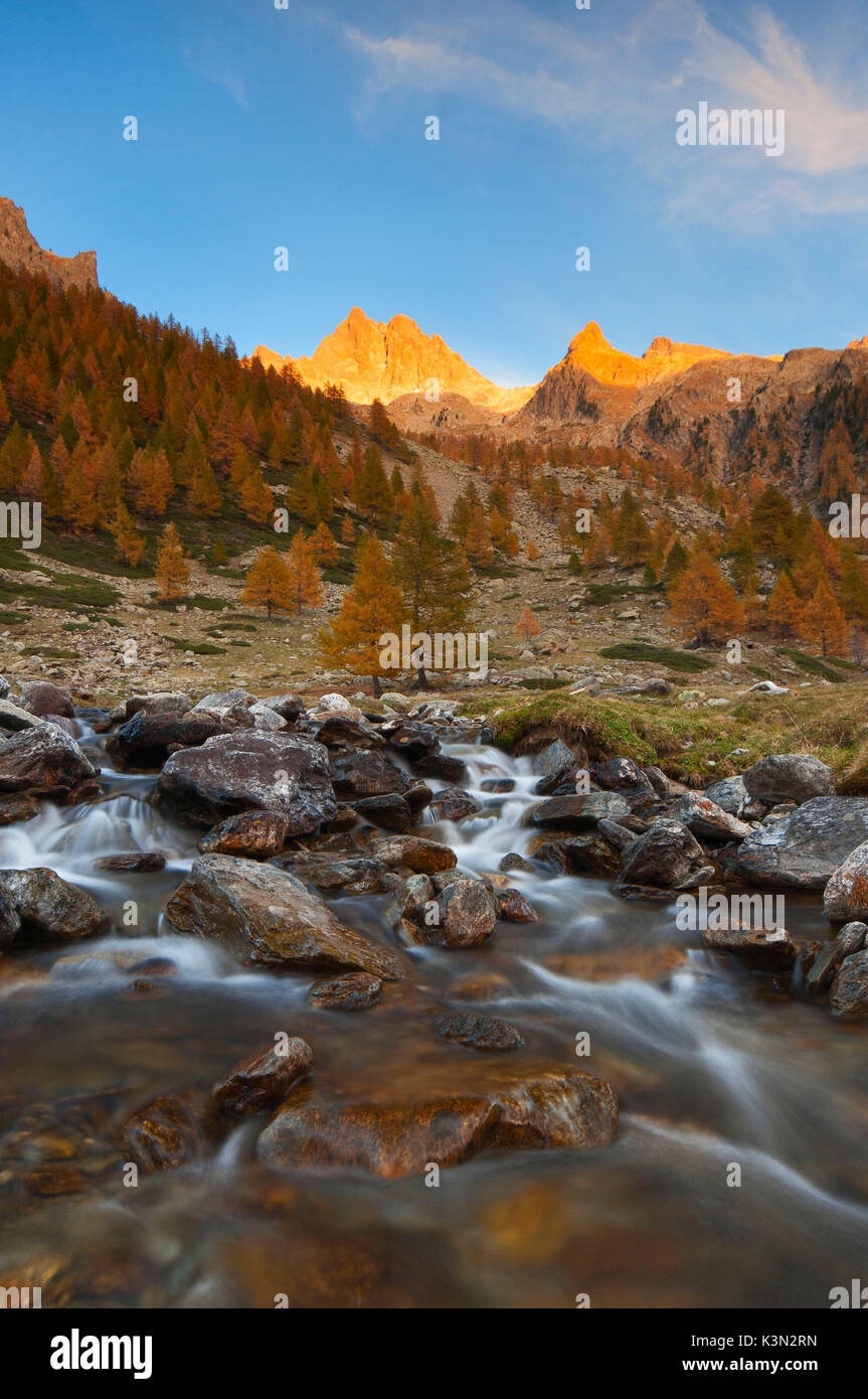 Italy, Piedmont, Cuneo District, Gesso Valley, Alpi Marittime Natural Park, autumnal sunset on the Nasta Peak Stock Photo