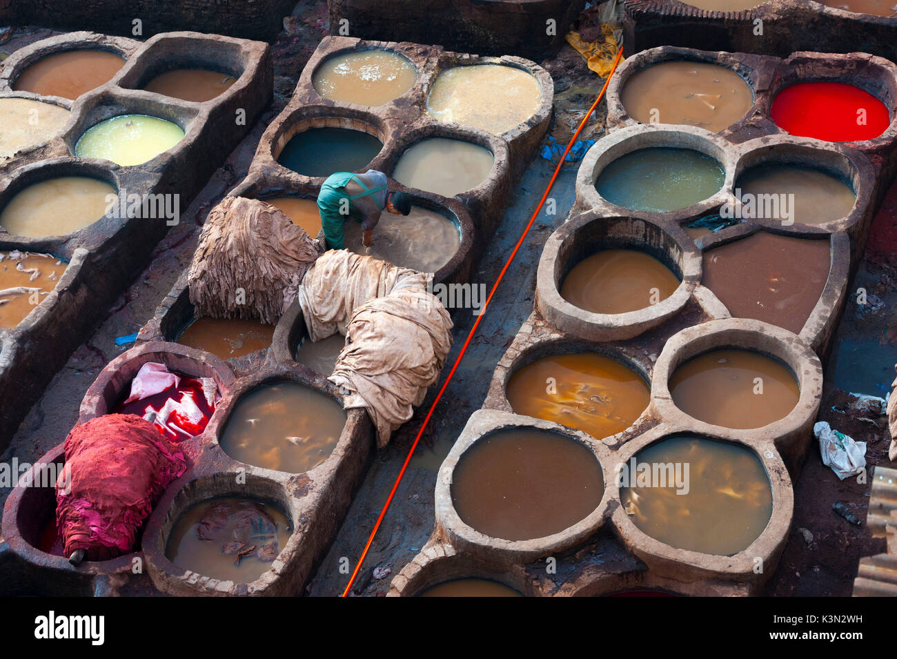 Fes, Morocco. Typical leather tanneries. Stock Photo