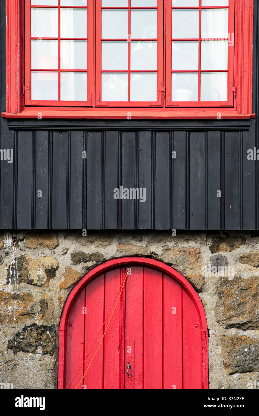 Kirkjubour, Stremnoy island, Faroe Islands, Denmark. Old houses details. Stock Photo