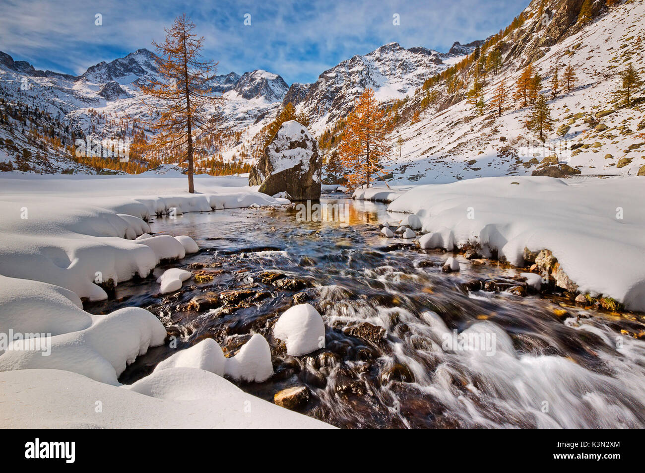 Italy, Piedmont, Cuneo District, Gesso Valley, Alpi Marittime Natural Park, the beginning of winter to the Valasco Plain Stock Photo