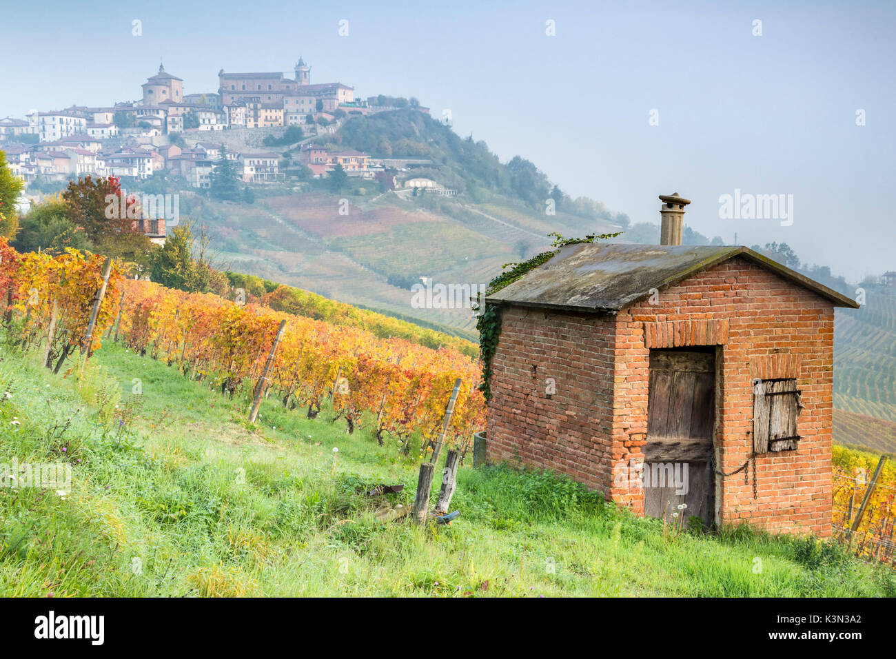 Dawn at La Morra, Langhe, Cuneo district, Piedmont, Italy. Stock Photo
