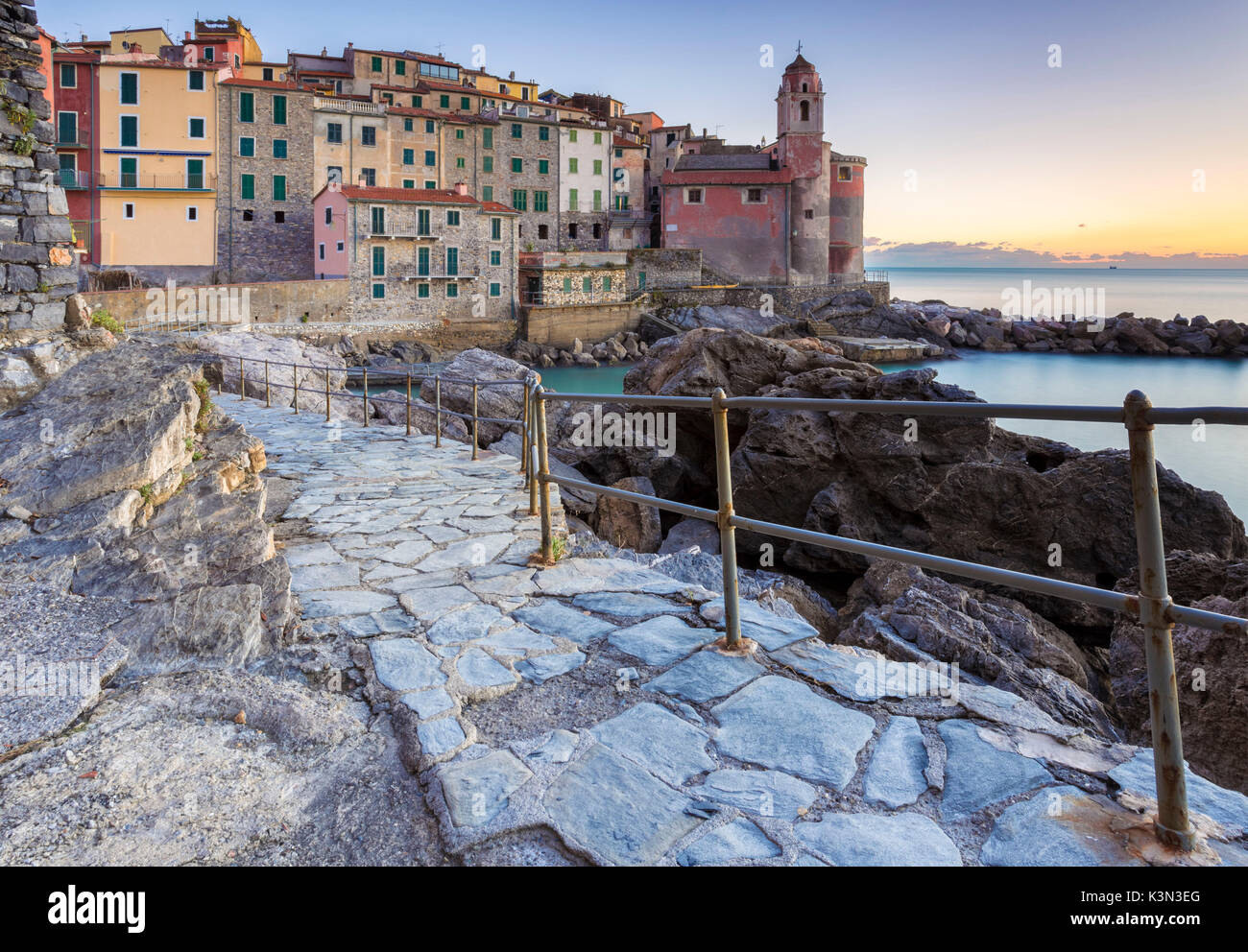 Spring sunset on the rock walk at Tellaro, Lerici, La Spezia gulf, Liguria, Italy. Stock Photo