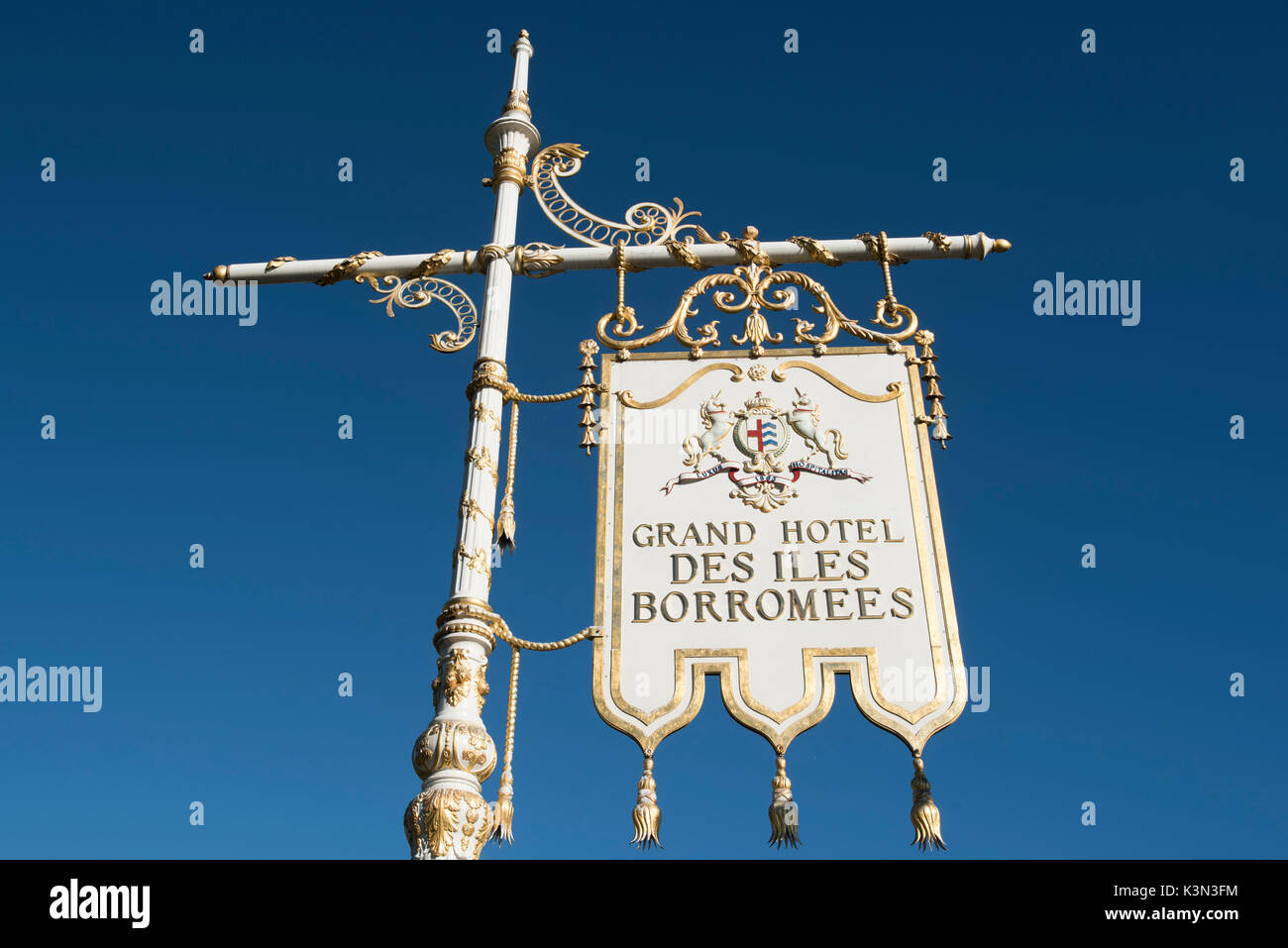 Stresa, Verbano-Cusio-Ossola, Piedmont, Italy. Entrance sign of the Grand Hotel des Iles Borromees. Stock Photo
