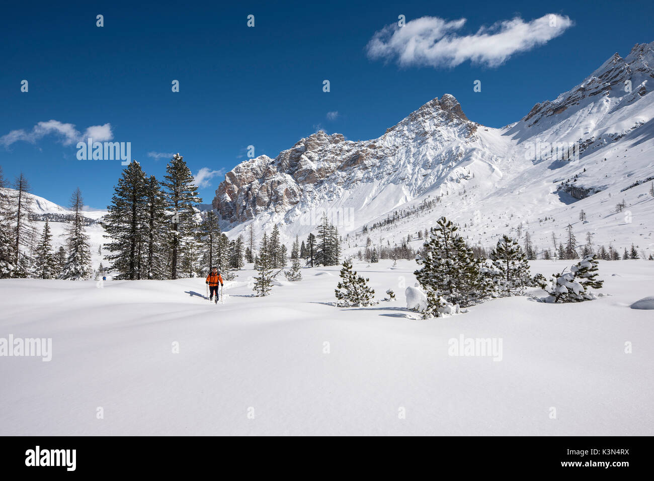 Fanes, Dolomites, South Tyrol, Italy. Ski mountaineer  hiking in the mountains of Fanes Stock Photo