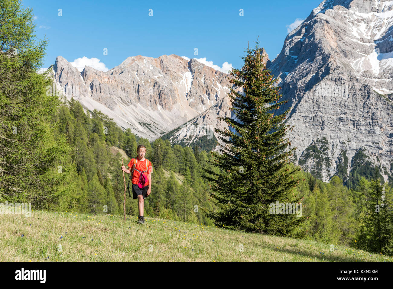 La Valle / Wengen, Alta Badia, Bolzano province, South Tyrol, Italy. Young hiker traveling on the pastures of Pra de Rit Stock Photo