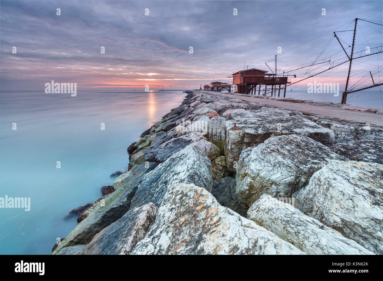 Europe, Italy, Veneto, Chioggia, Sottomarina. View of the Casoni, the stilt house of fishermen on the sea Stock Photo