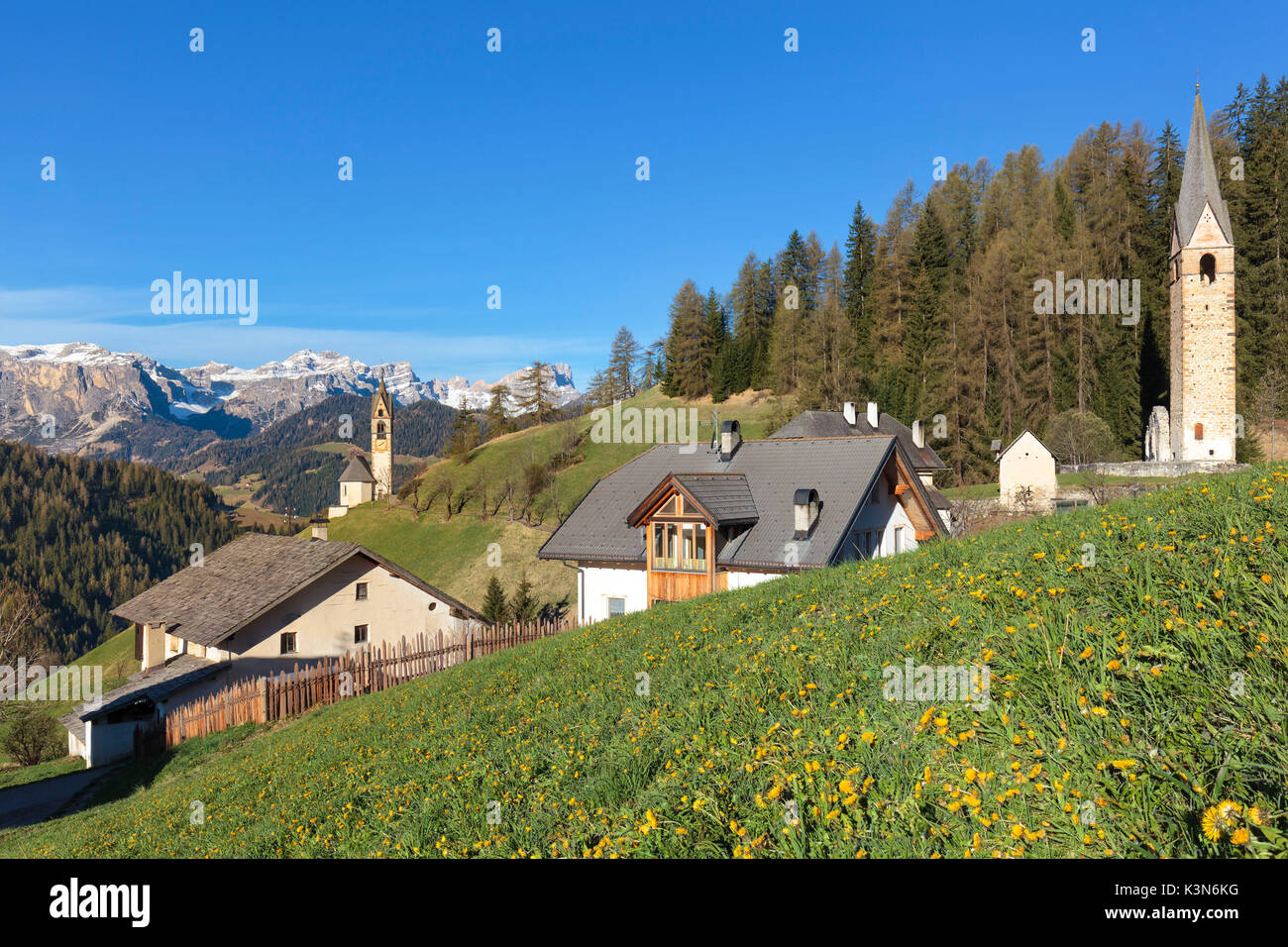 Europe, Italy, South Tyrol, St. Barbara chapel and St. Jenesius bell tower, Tolpei, La Valle, Val Badia, Dolomites Stock Photo