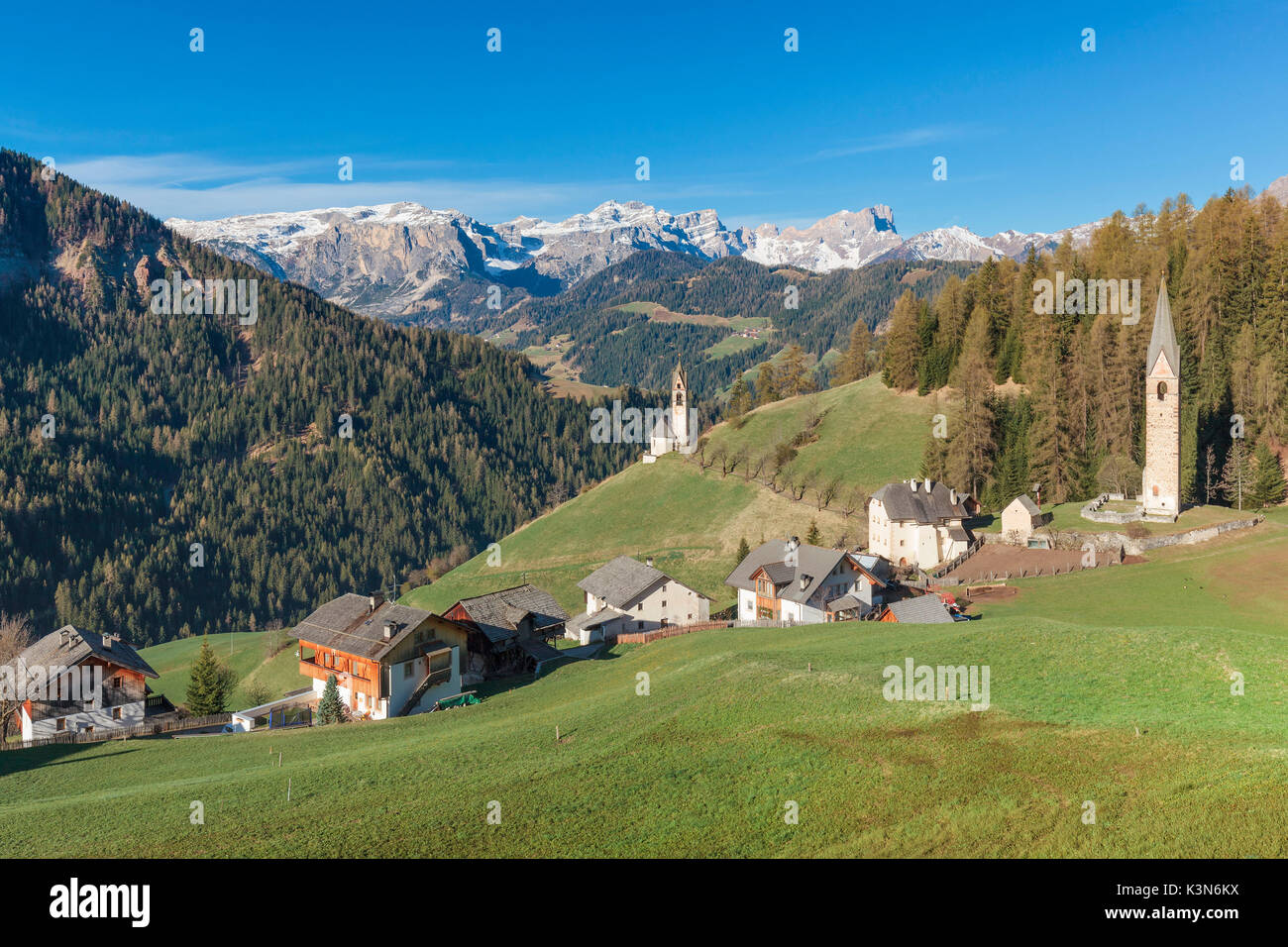 Europe, Italy, South Tyrol, St. Barbara chapel and St. Jenesius bell tower, Tolpei, La Valle, Val Badia, Dolomites Stock Photo