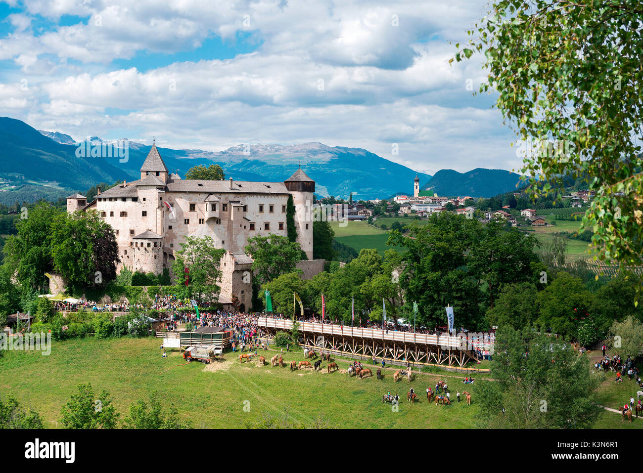 Presule, South Tyrol, Italy. Castle Presule and Fie in the background Stock Photo