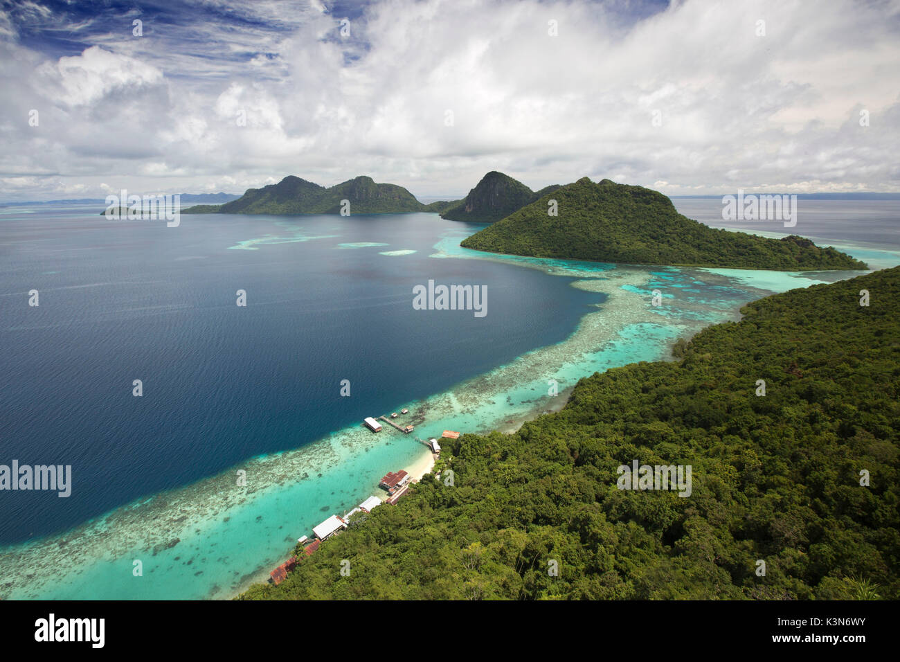 A view from above of the coral barrier, in the east coast of Borneo. Stock Photo