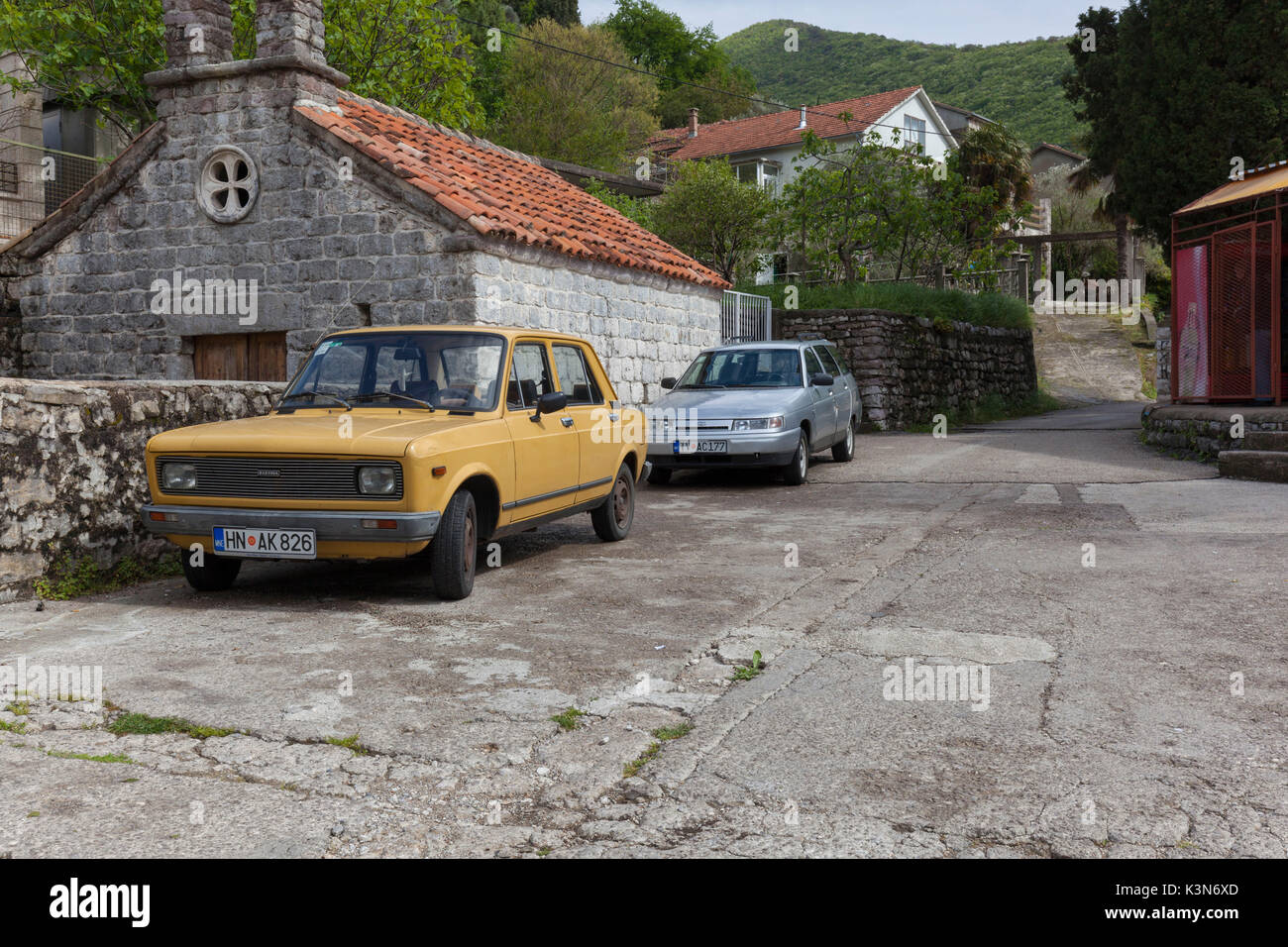 A vintage Zastava car parked in a street of Montenegro. Stock Photo