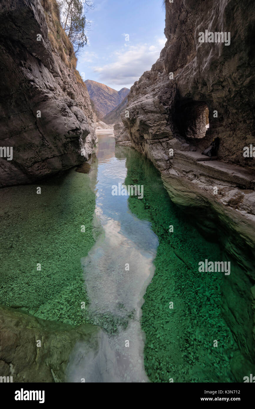The water of the Val Soffia meets that of the Mis lake in the narrow final gorge. National Park of Dolomiti Bellunesi, Mis valley, Monti del Sole Stock Photo