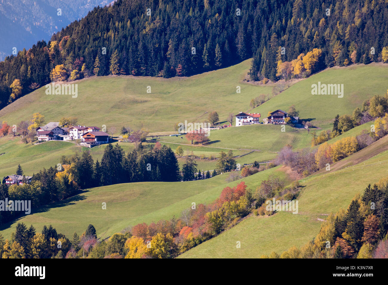 Autumnal landscape. Santa Maddalena, Val di Funes, Bolzano, Trentino Alto Adige - Sudtirol, Italy, Europe. Stock Photo