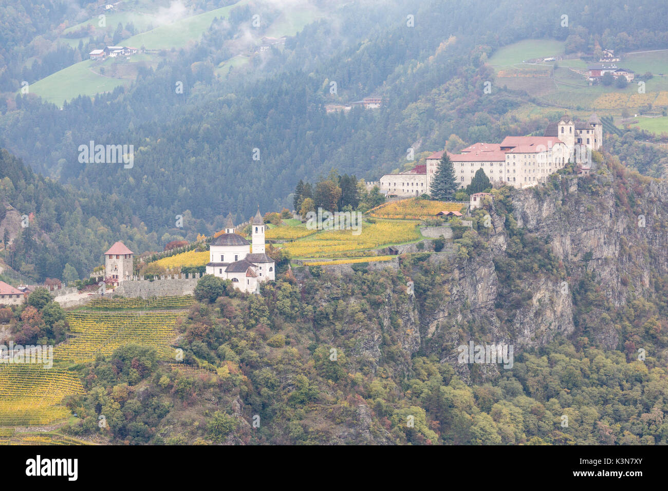 View of Sabiona Monastery and its vineyards. Chiusa, Val d'Isarco, Bolzano, Trentino Alto Adige - Sudtirol, Italy, Europe. Stock Photo