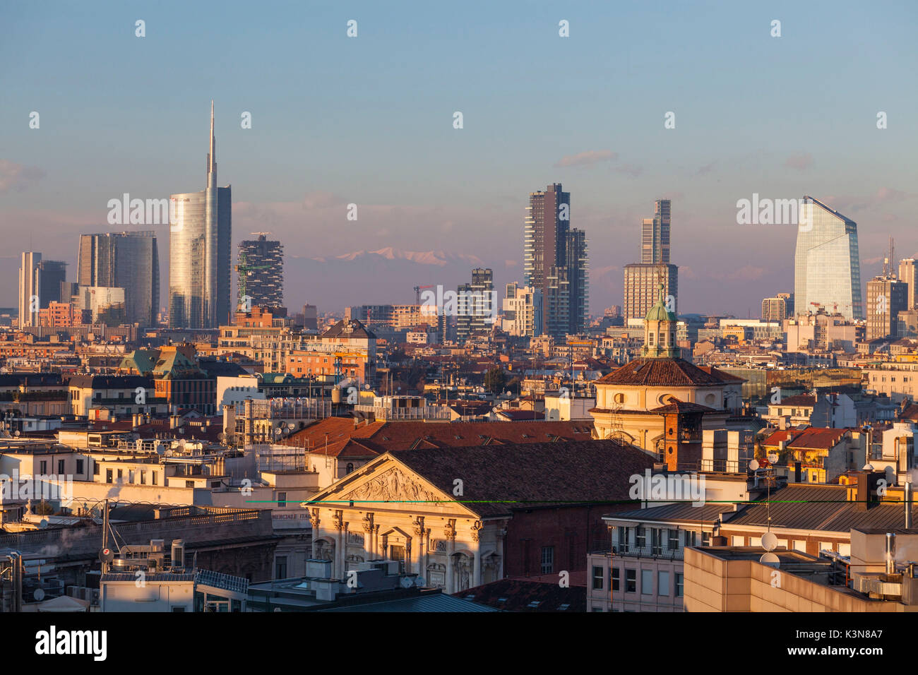 Milan, Lombardy, Italy. A panorama of city from Cathedral. Stock Photo