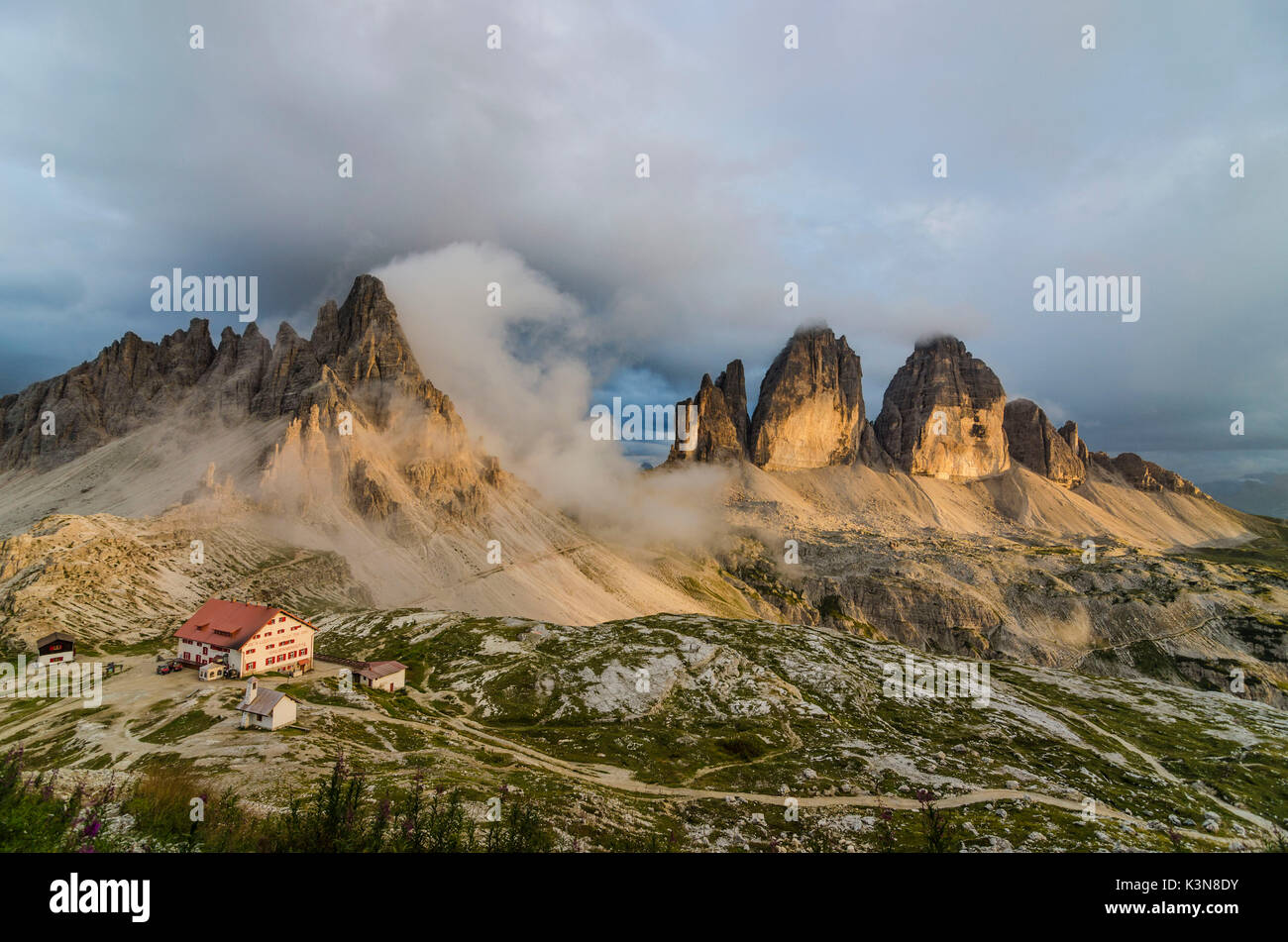 Tre Cime di Lavaredo, Three peaks of lavaredo, Drei Zinnen, Dolomites, South Tyrol, Veneto, Italy. Locatelli refuge Stock Photo