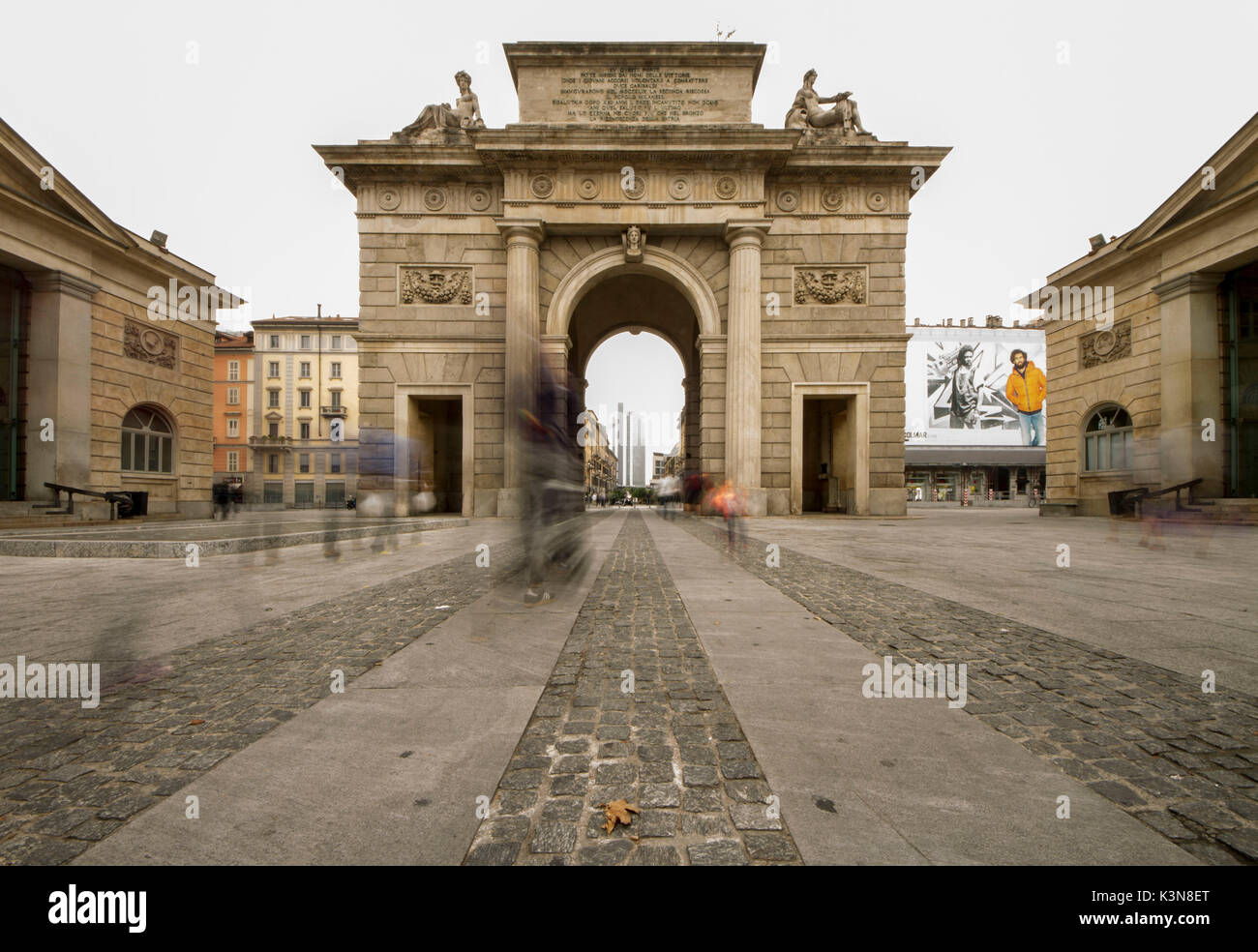 The Garibaldi Gate, old entrance of Milan City is in the center of XXV April square, Milan. Lombardy,Italy Stock Photo