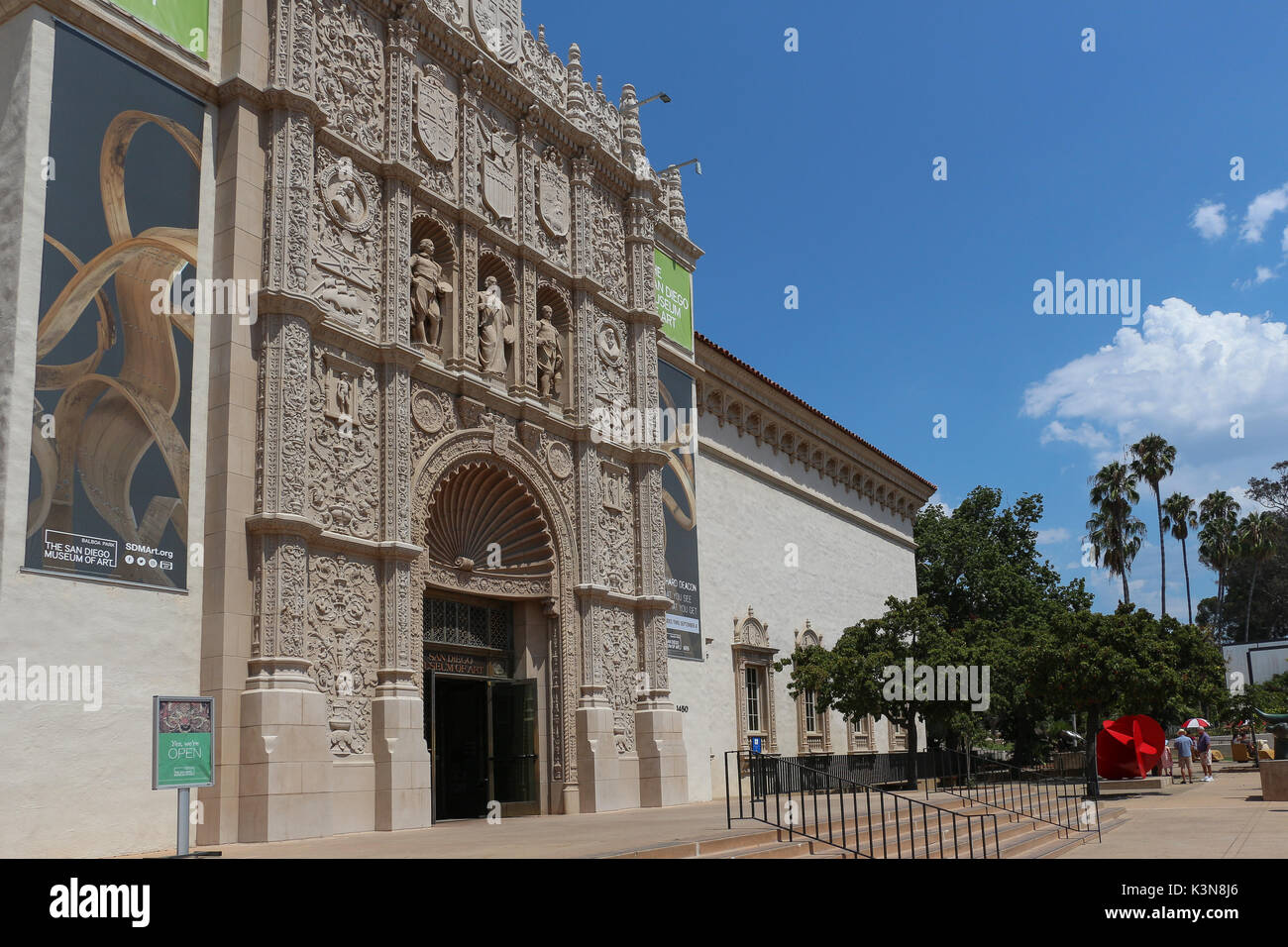 The highly decorated facade of the San Diego Museum of Art in San Diego, California, was designed in a Spanish-Renaissance architectural style. Stock Photo
