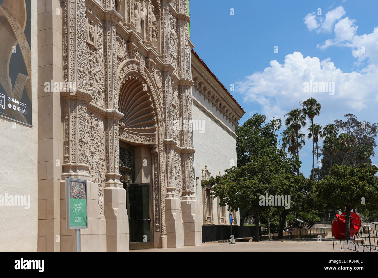 The highly decorated facade of the San Diego Museum of Art in San Diego, California, was designed in a Spanish-Renaissance architectural style. Stock Photo