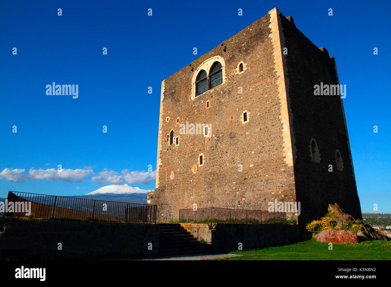 Mount Etna and the Norman castle of Paternò, Sicily, Italy Stock Photo