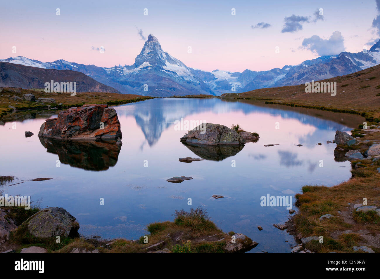 Stellisee, Zermatt, Switzerland. Matterhorn is reflected into the Stellisee lake Stock Photo