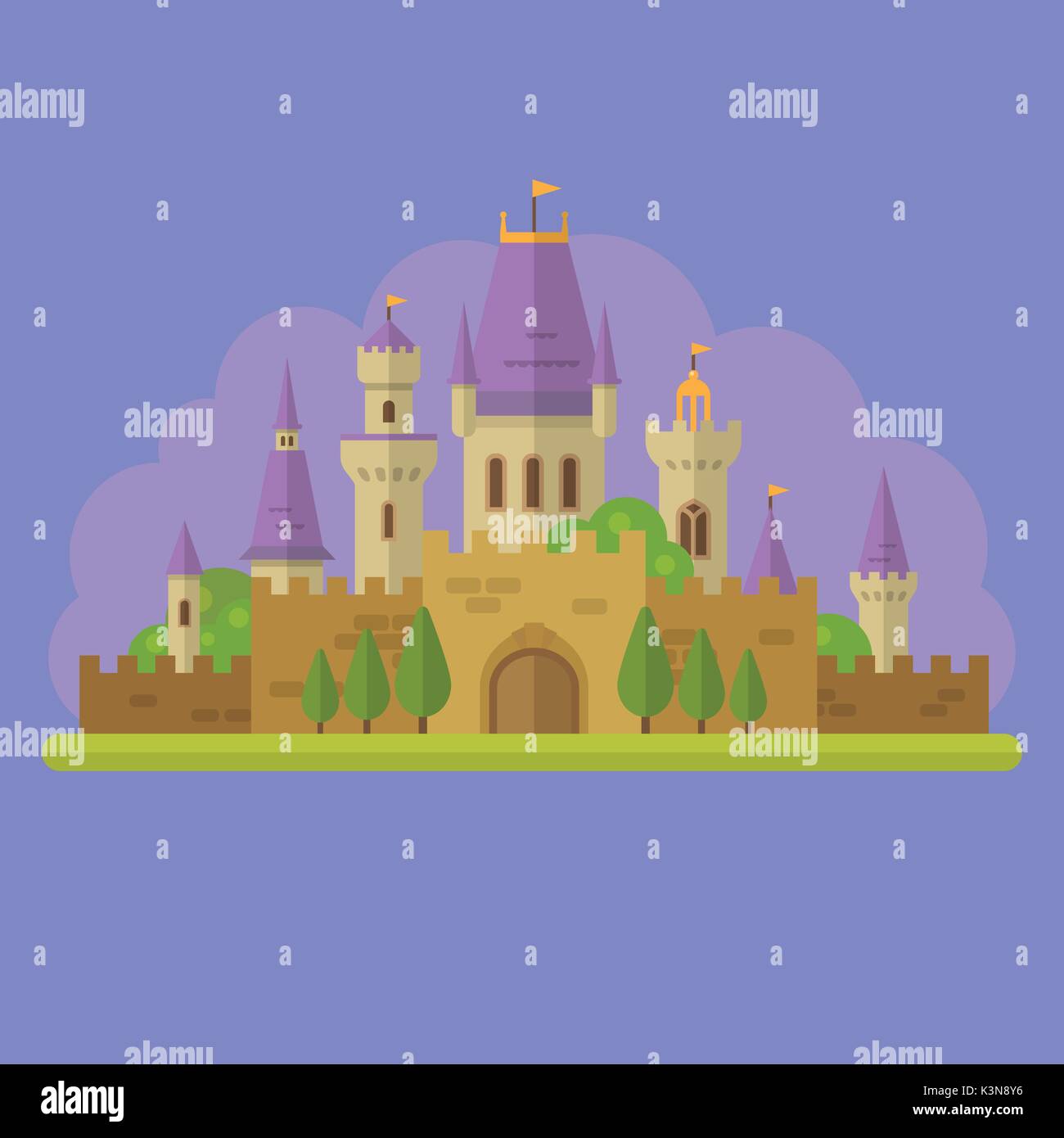 Fairytale princess castle flat illustration Stock Vector