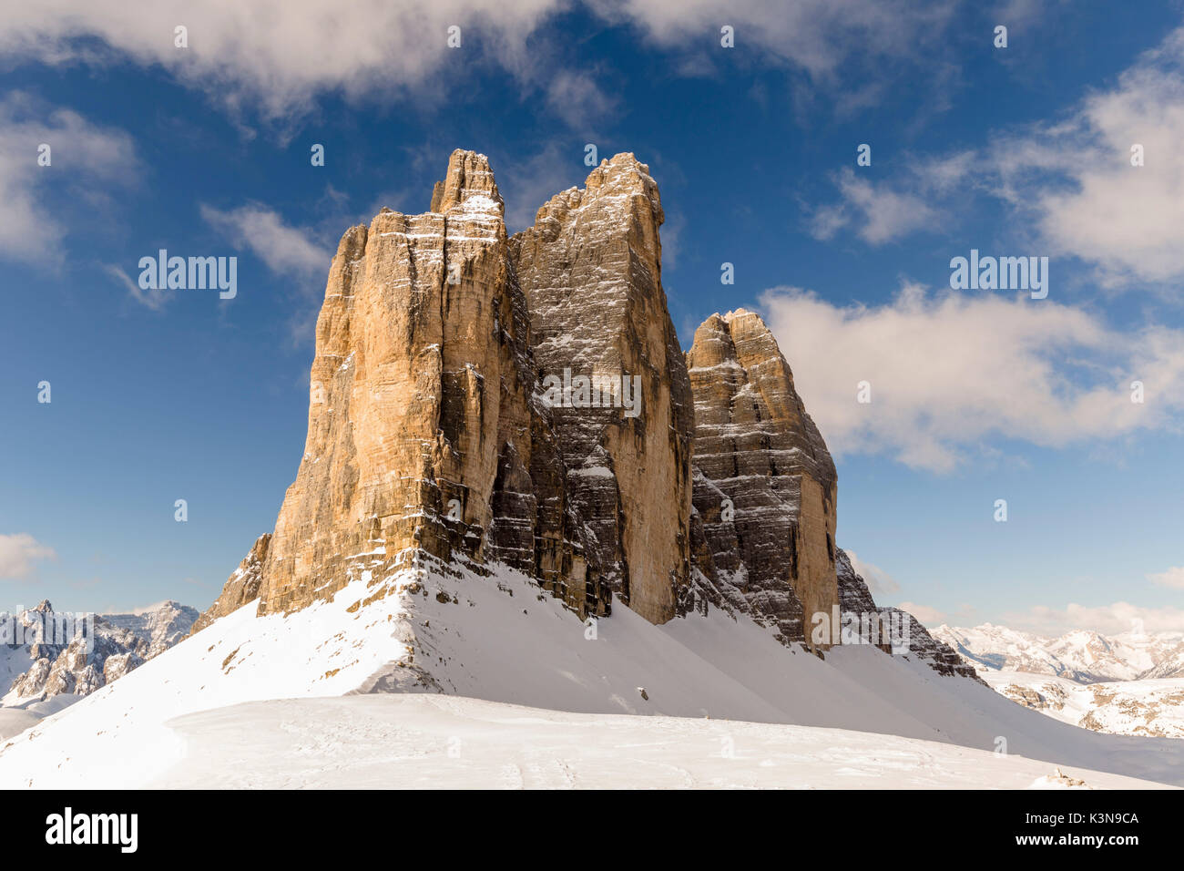 View of the Three Peaks from Lavaredo pass,Bolzano district, South Tyrol,Italy,Europe Stock Photo