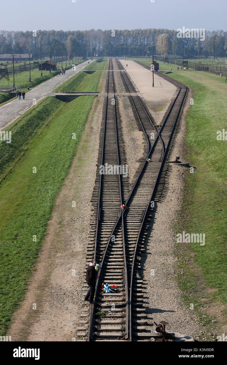 Railways inside the Birkenau Concentration Camp seen from above, Poland Stock Photo