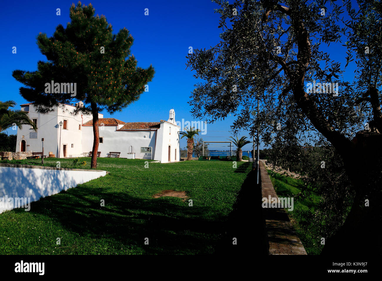 The Crocifisso di Varano, very important Christian site on the Varano lakeside, Apulia, Italy Stock Photo