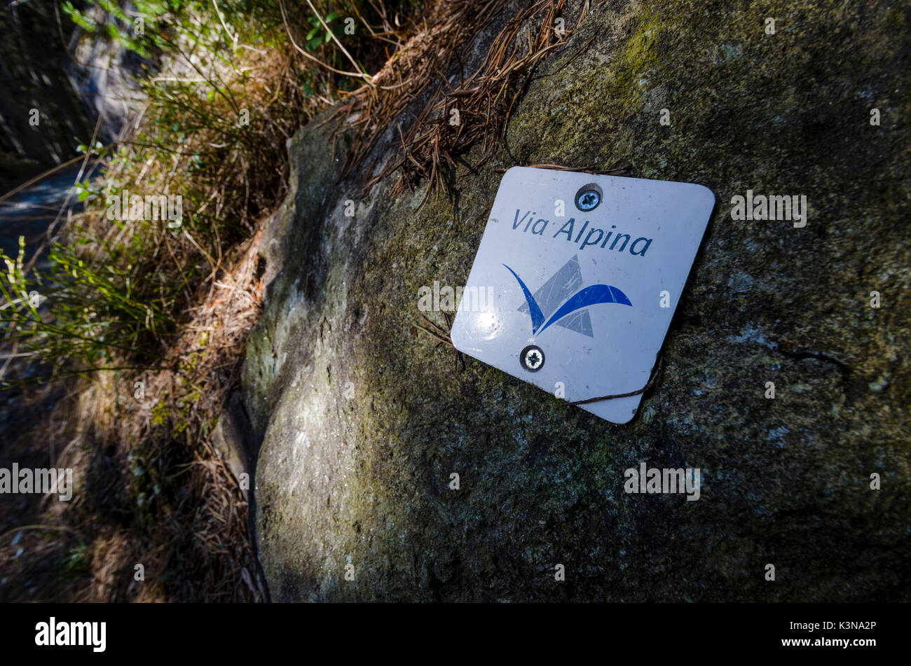 Alpine route sign (Val Chalamy, Mont Avic Natura Park, Aosta Valley, Italy) Stock Photo